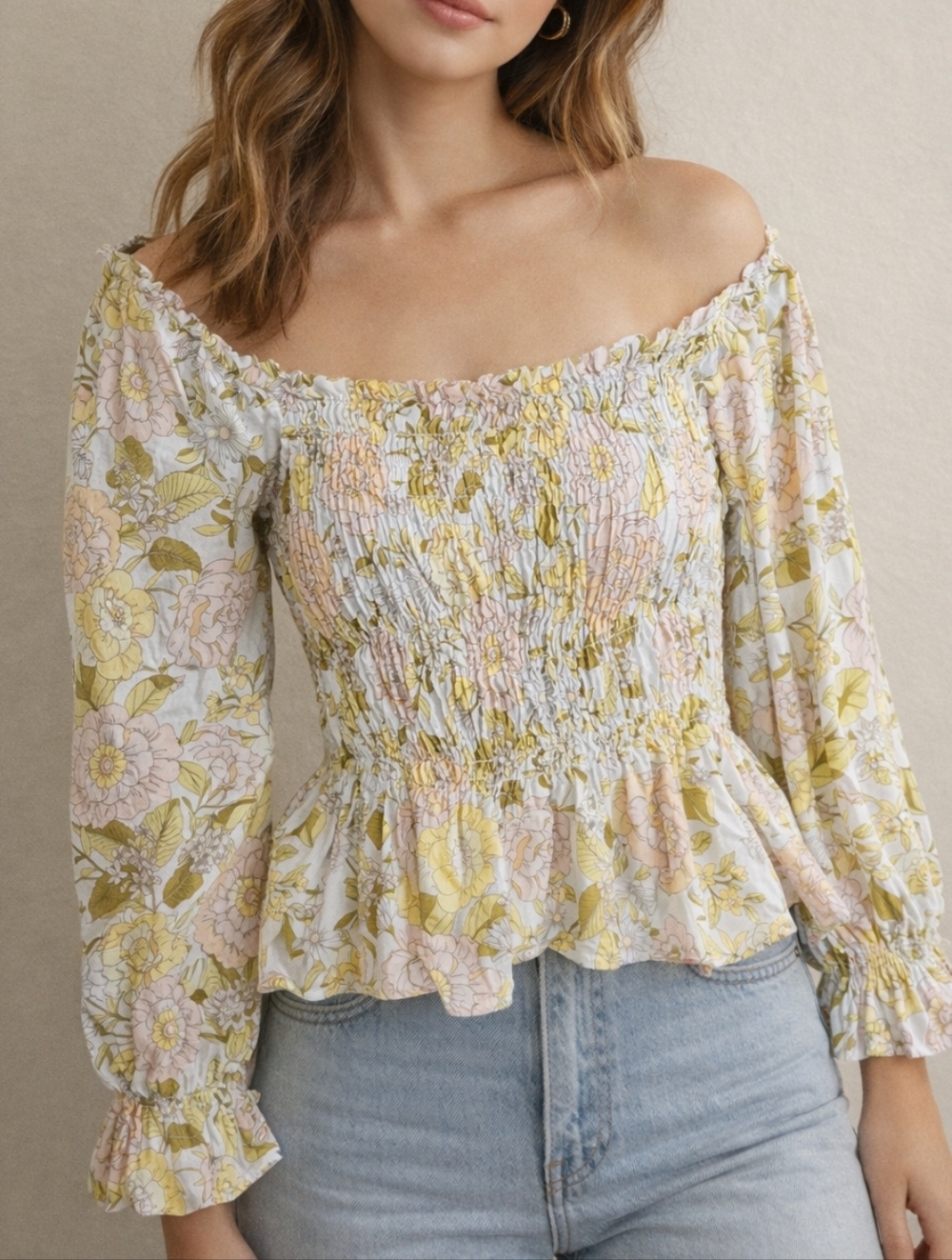 Who What Wear Yellow Pink Floral Smocked Peplum Blouse Womens M Boho Puff Sleeve